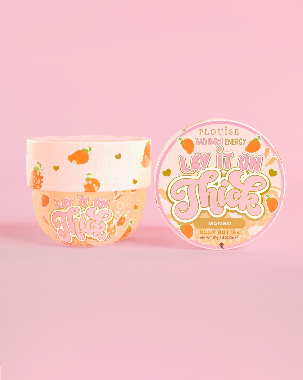 Tub of P. Louise 'Lay It On Thick' mango body butter on a pink background