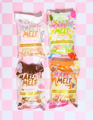 A collection of P.Louise Make It Melt makeup remover wipes in various scents, displayed in a refillable container with a pink checkered background.