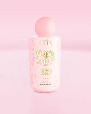 Pink bottle of P.Louise Layers Of Love Milky Oil Body Emulsion in strawberry shortcake scent