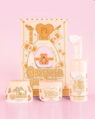 P.Louise Obsessed For Less skincare  set with packaging featuring a teddy bear illustration on a pink background