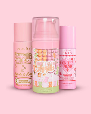 Three pink P.Louise Skin Barrier Repair products against a pink background