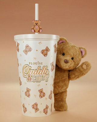 Image of the P.Louise Teddy Bear Steel Cuddle Cup Tumbler & Straw with a bear waving from behind it